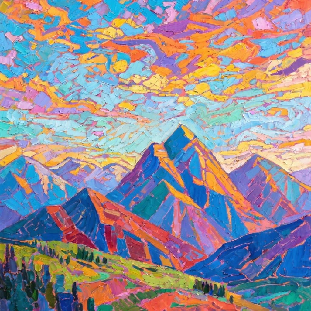 Abstract Mountain Landscape Oil Painting in Expressionist St...