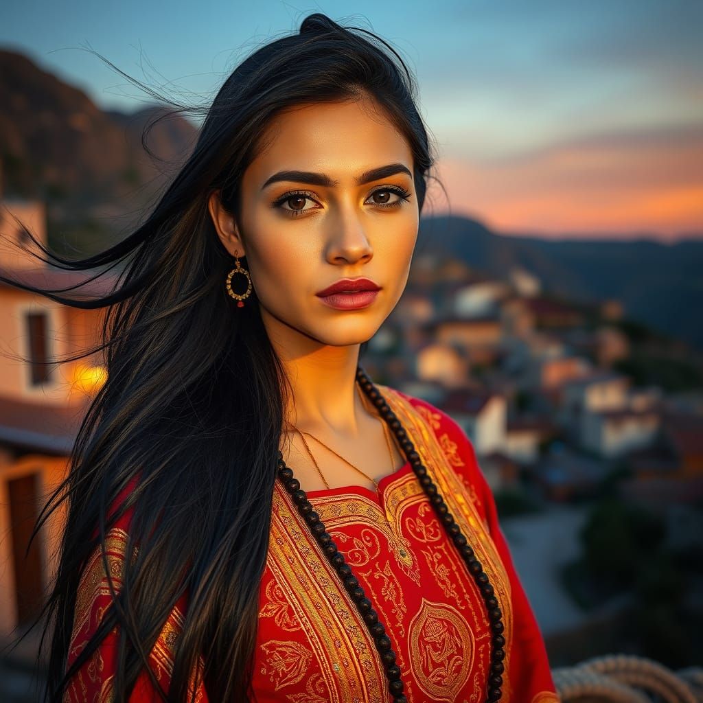 Israeli Woman in Mountain Village at Sunset