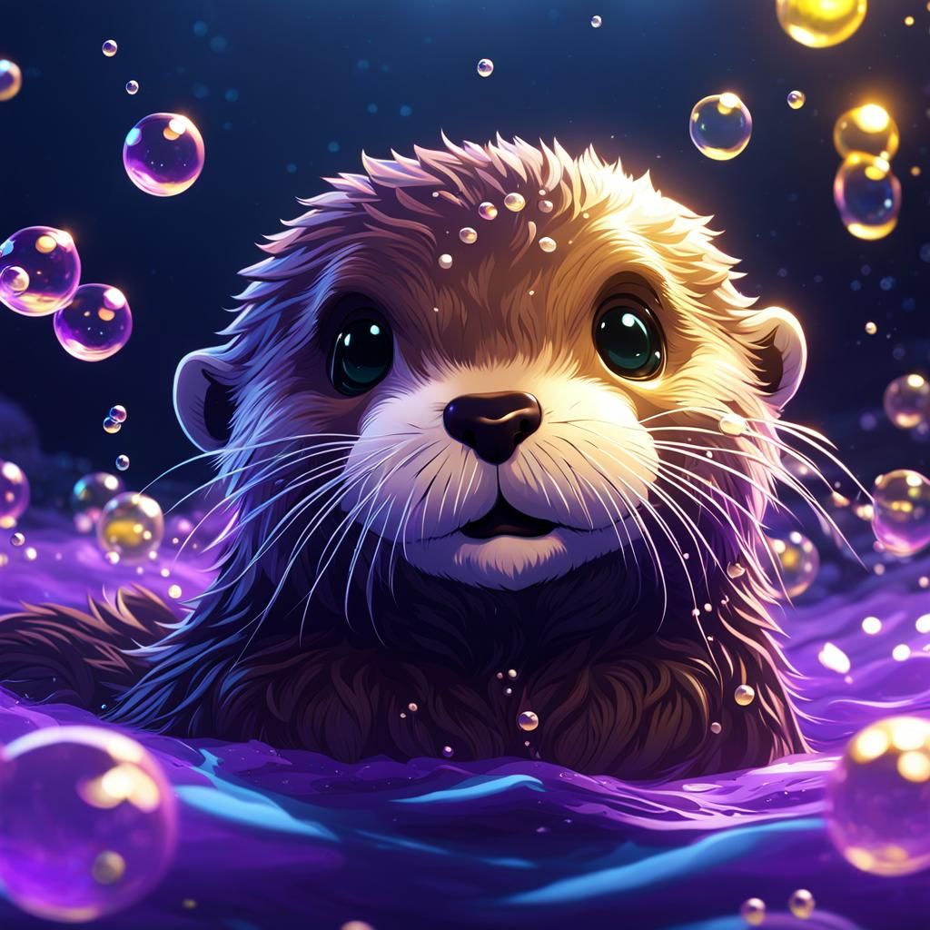 Adorable Chibi Otter Swimming in a Bubbly Ocean