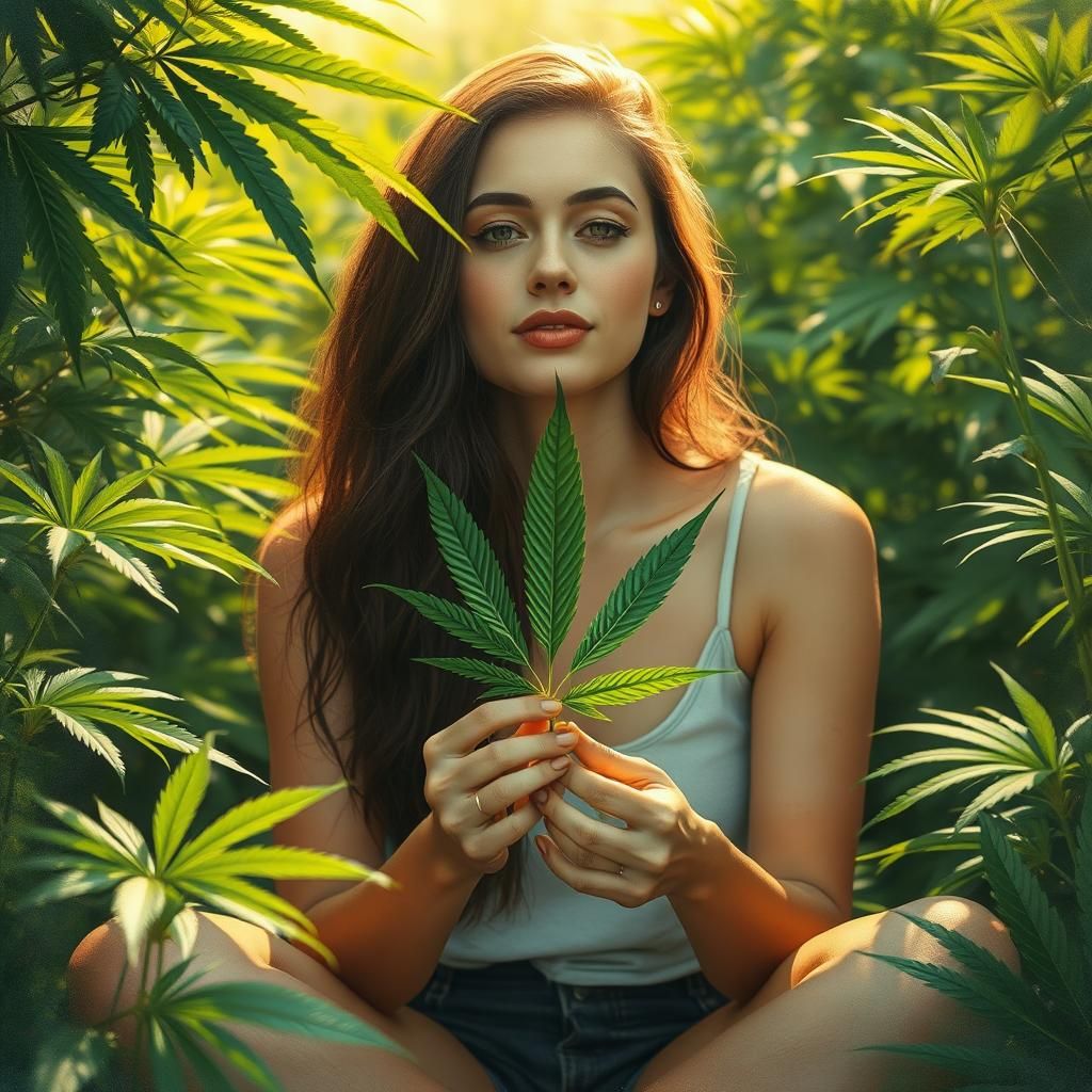 Woman Holding Cannabis Leaf in Mixed Media Style