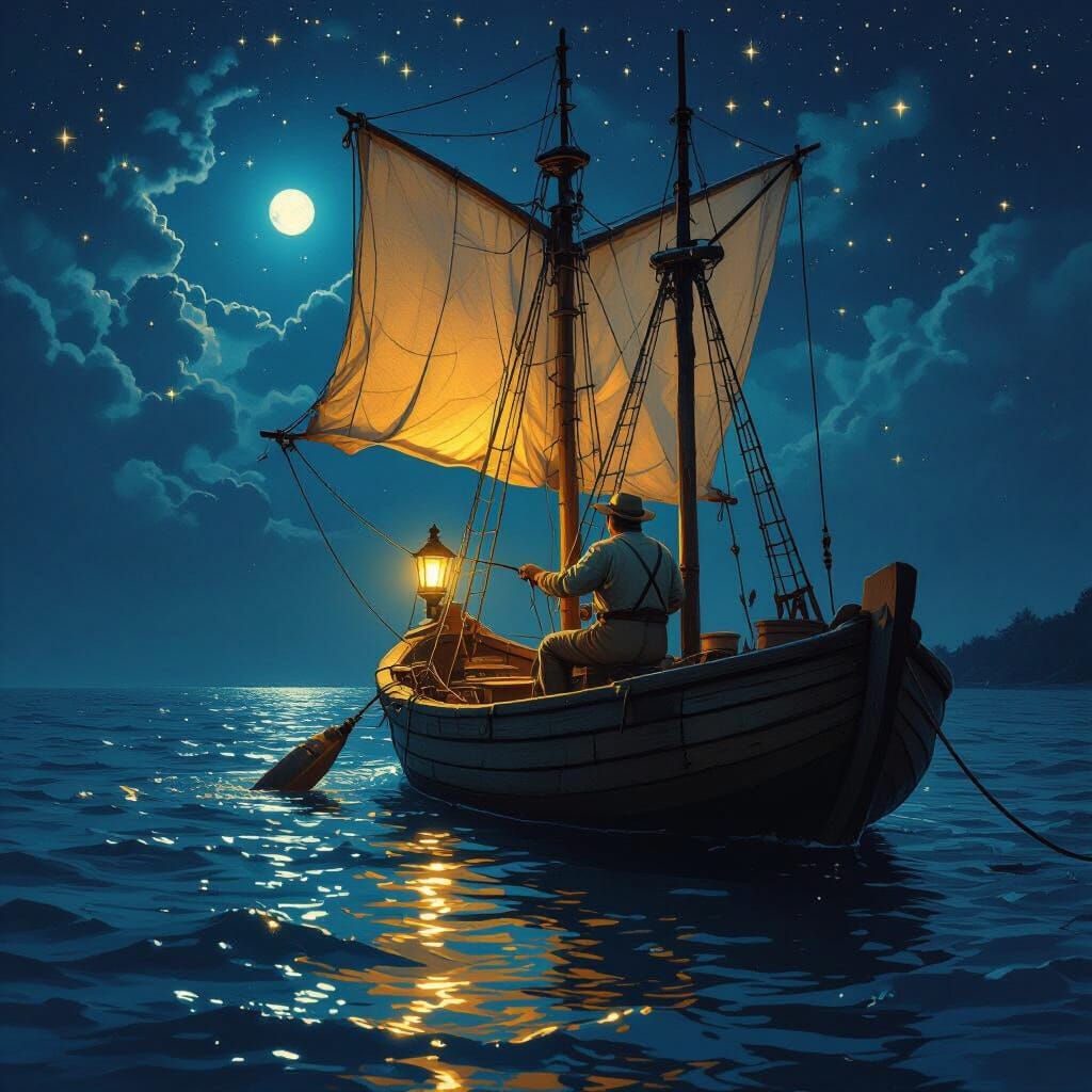 Fisherman Catching Shark Under Starry Night Sky