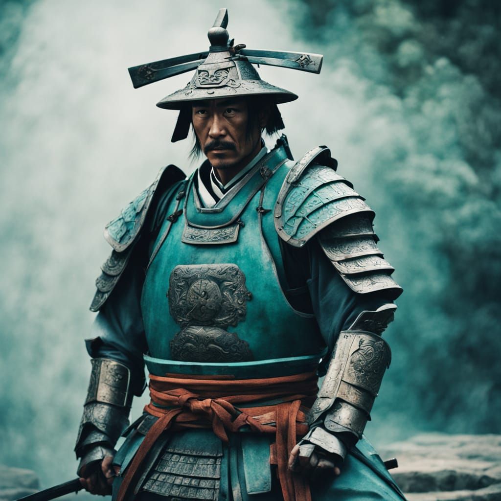 Samurai and Geisha in Temple Courtyard