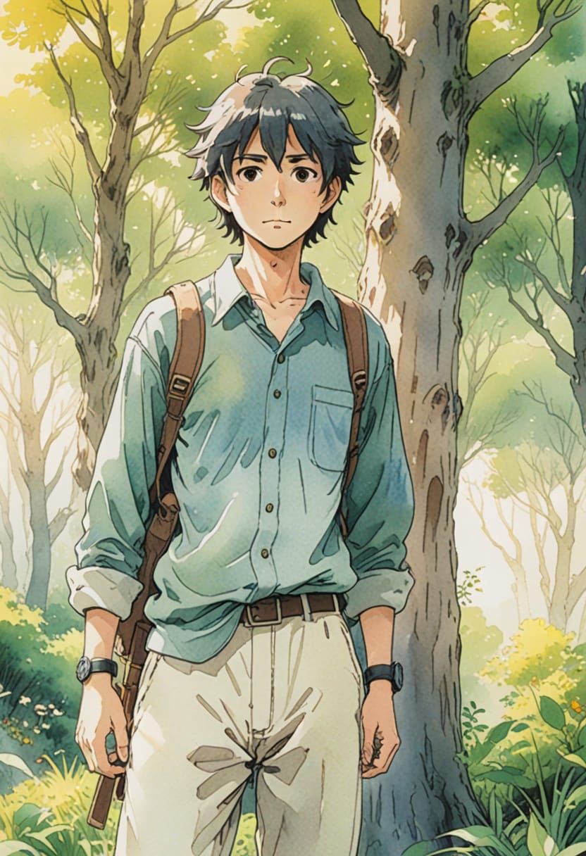 Anime Character in Lush Ghibli-Inspired Landscape