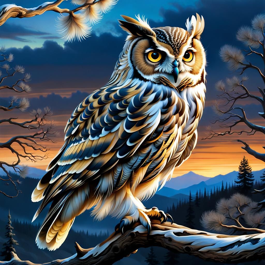 Majestic Owl Perched in Twilight, Detailed Matte Painting