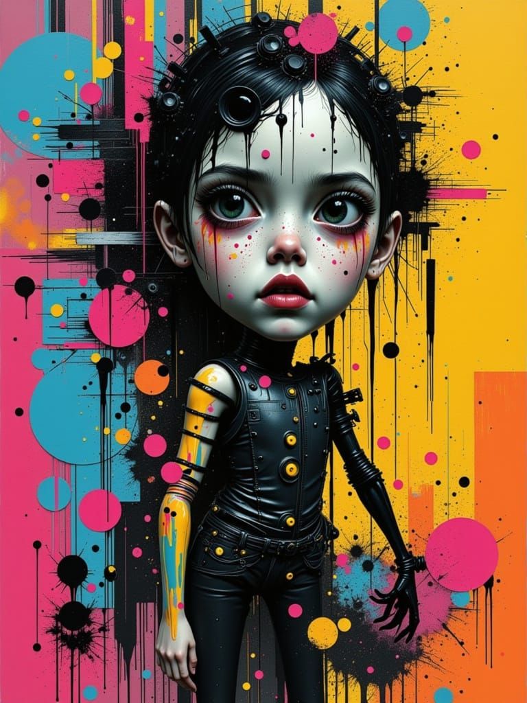 Varga Woman Amidst Digital Decay and Circuitry