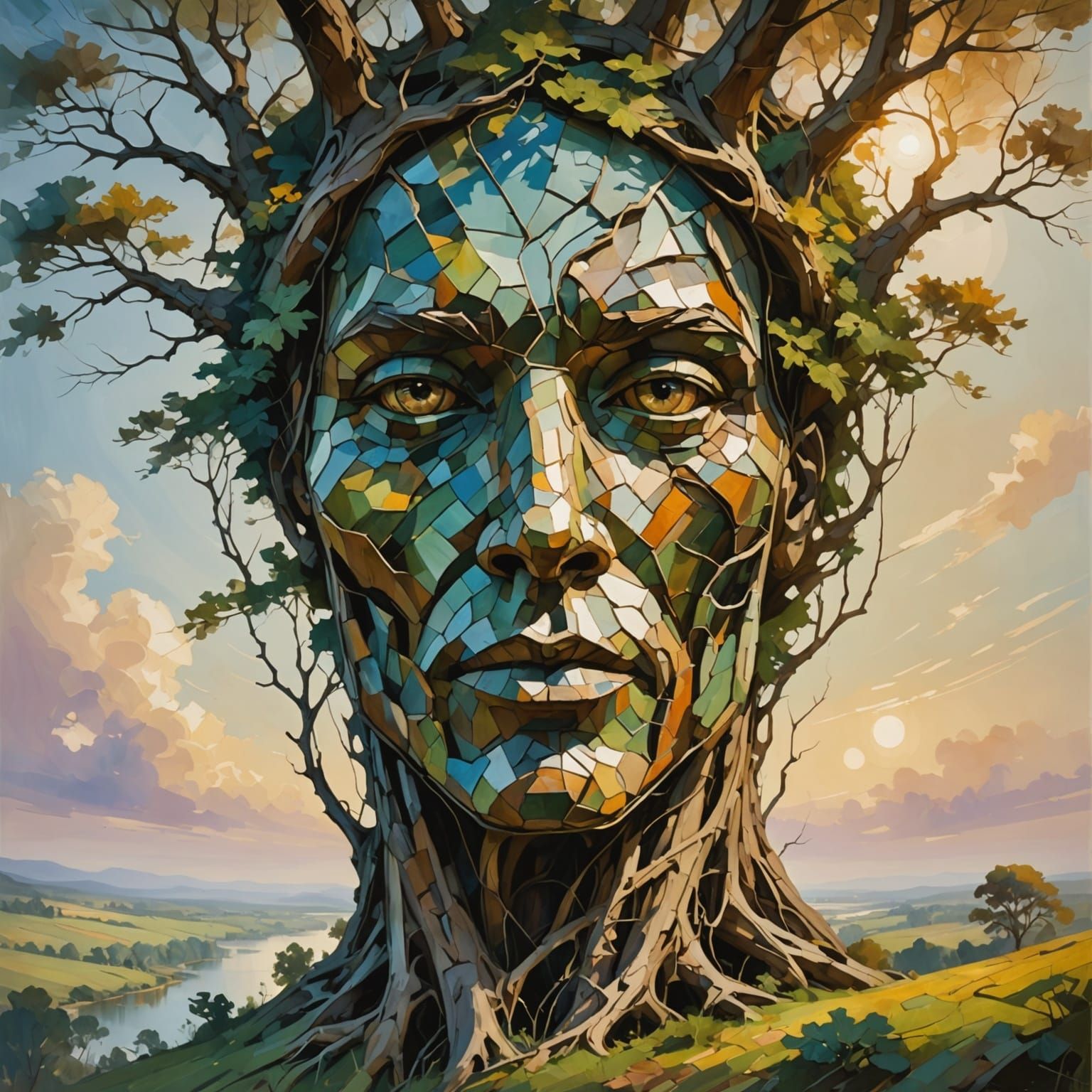 A Tree with a Serene Human Face in a Lush Landscape