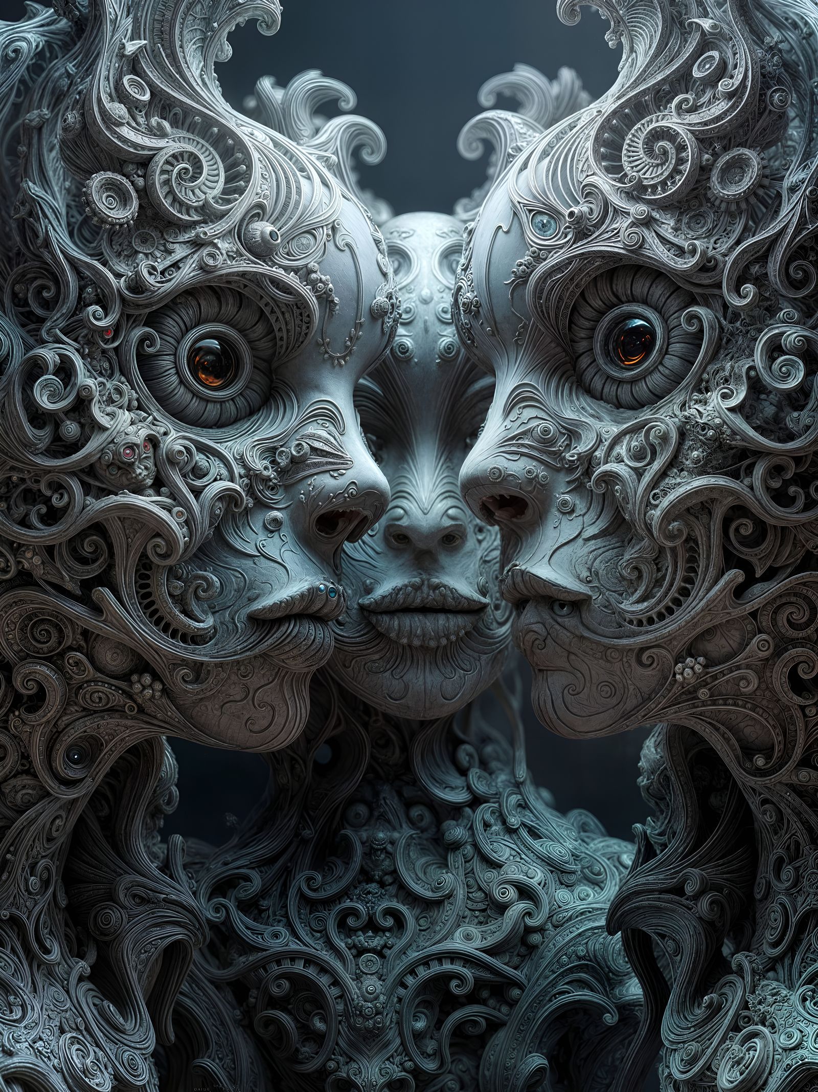 Surreal 3D Render of Fractal Faces with Jewel Eyes