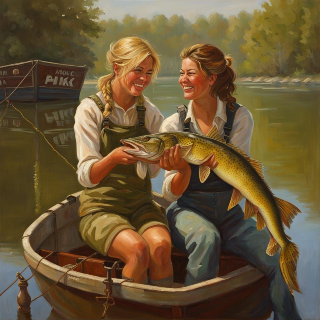 Friends Celebrate Catching Giant Pike: Oil Painting