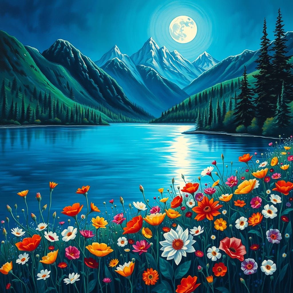 Serene Impressionist Landscape of Flowers and Mountains at D...