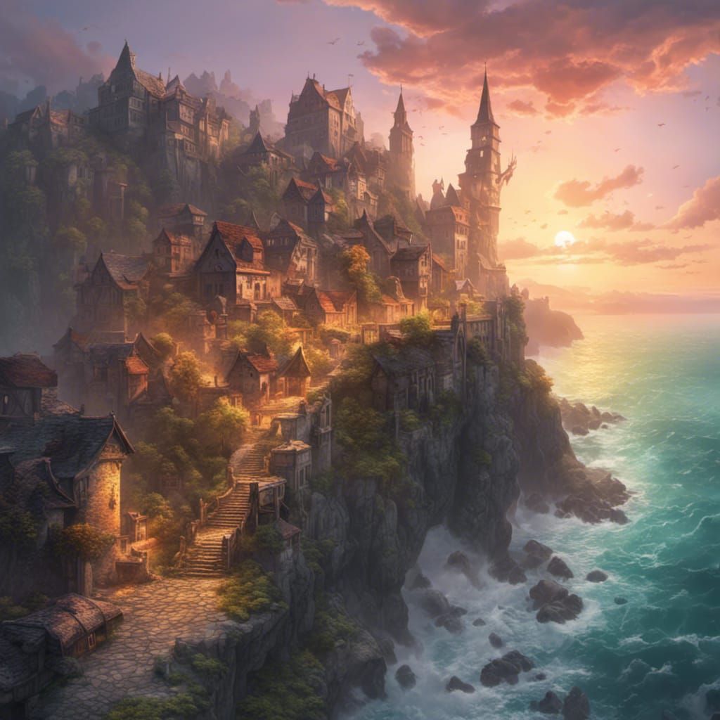 Fortified Medieval Coastal Town at Sunrise