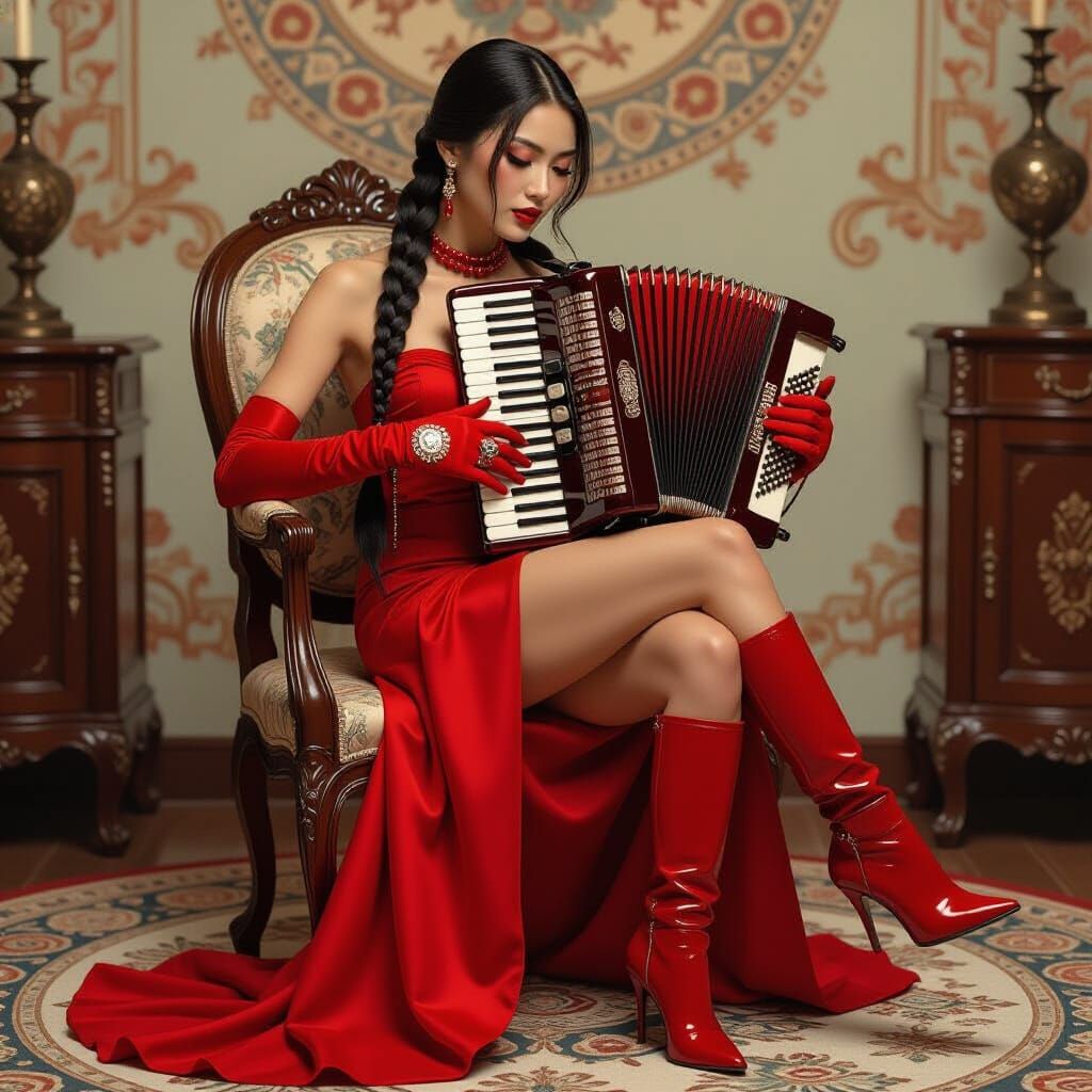 Asian Woman Plays Accordion in Art Nouveau Style