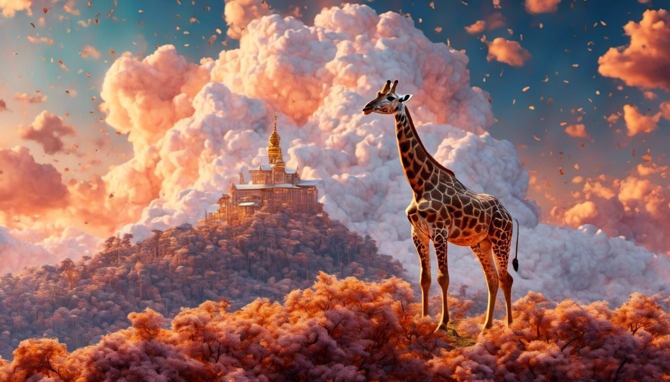 "Whimsical Wonders: A Giraffe's Journey in the Monastery Sky...