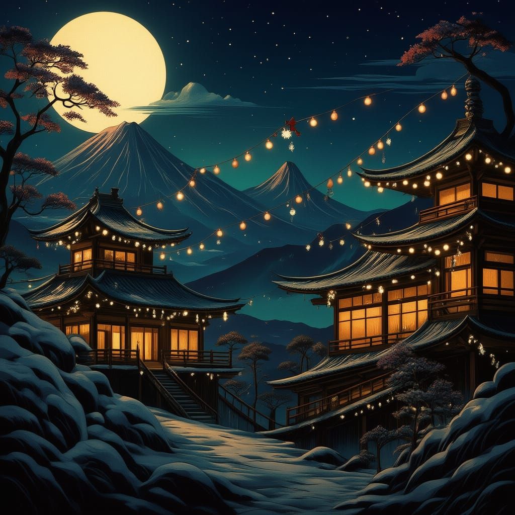 Panda Under Aurora Over Japanese Village in Ukiyo-e Style
