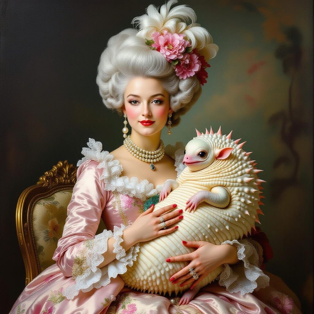 Aristocrat Cradles Tardigrade in Rococo Dreamscape