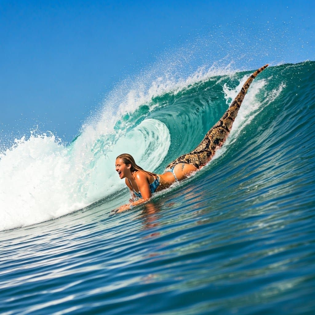 Enthusiastic Snake Woman Bodysurfing a Colossal Wave