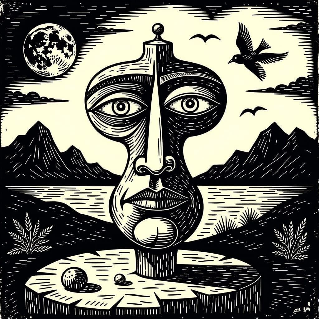 Surreal Linocut of an Interesting Subject in Rule of Thirds