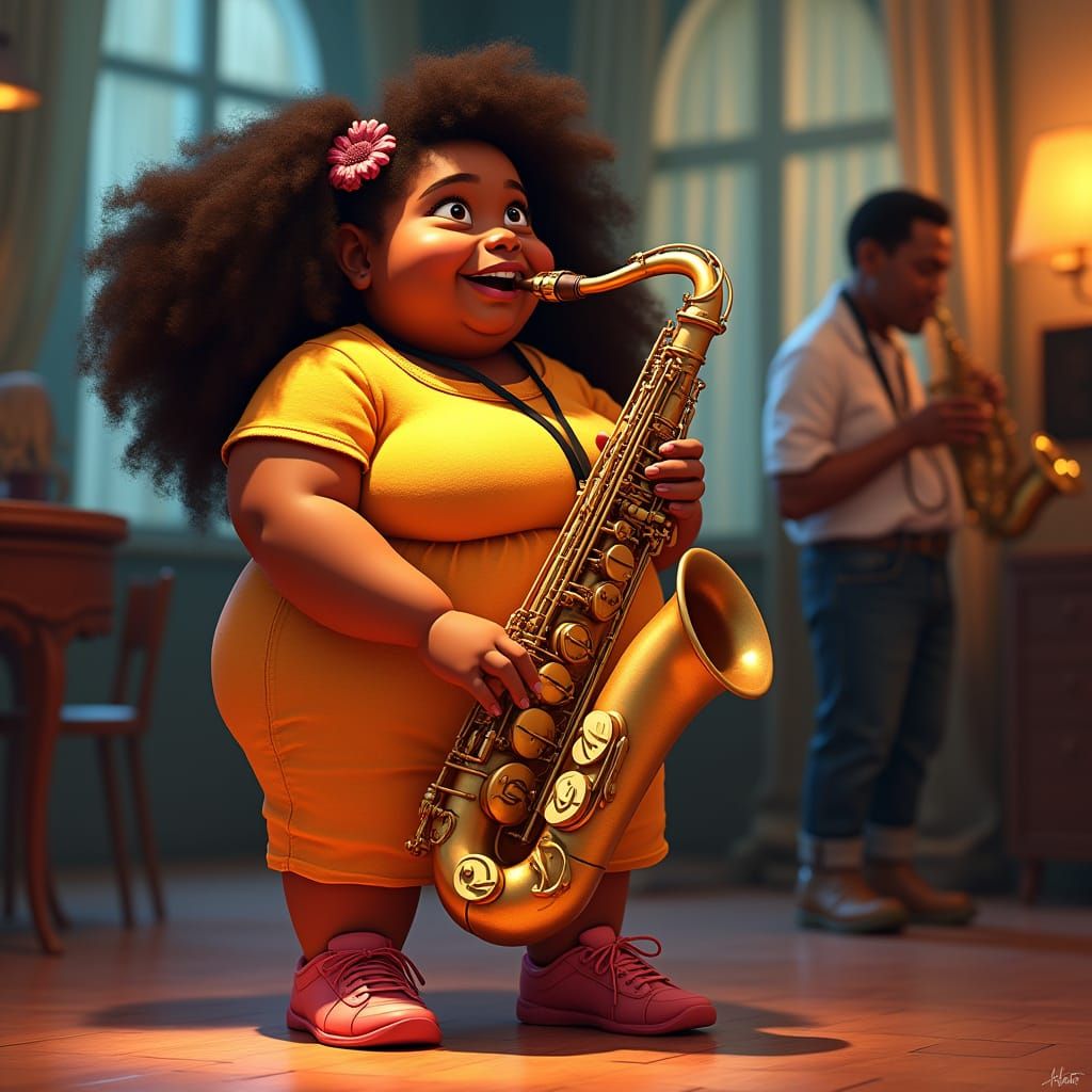 Joyful Moment of a Teen Girl Playing Sax with Her Grandfathe...