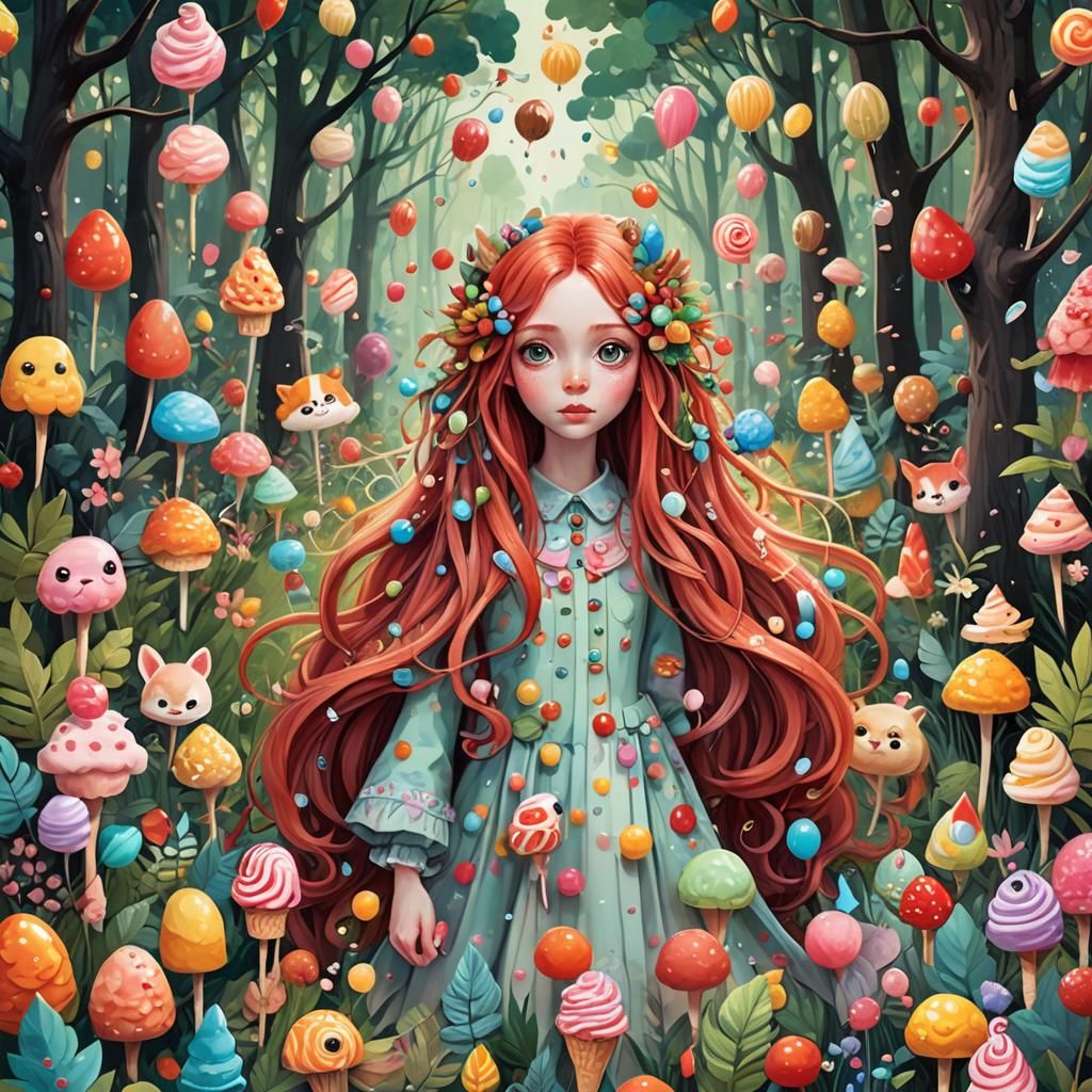 Whimsical Animal Girl in a Candy Forest, Detailed Matte Pain...