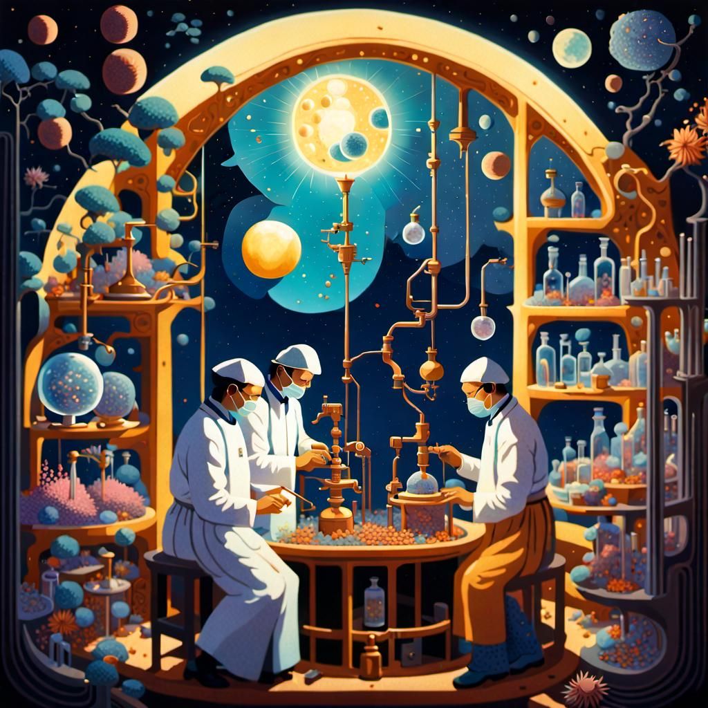 Surreal Celestial Laboratory with Scientists, Vivid Colors