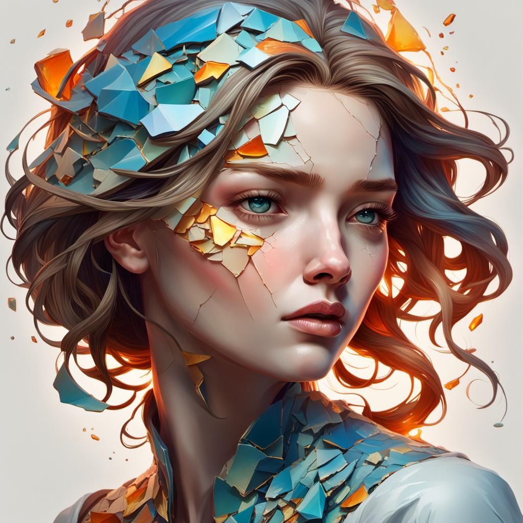 Cracked Porcelain Woman Portrait in Hyperrealistic Style