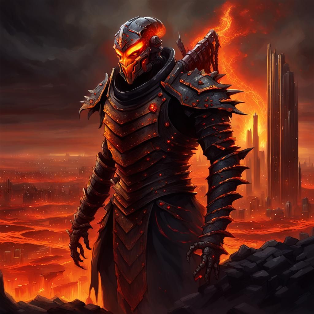 Armored Scorpion Warlord in Burning Cityscape