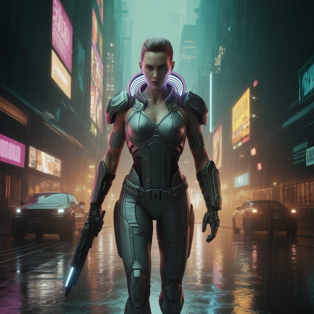 Cybernetic Amazon Warrior in Neon City