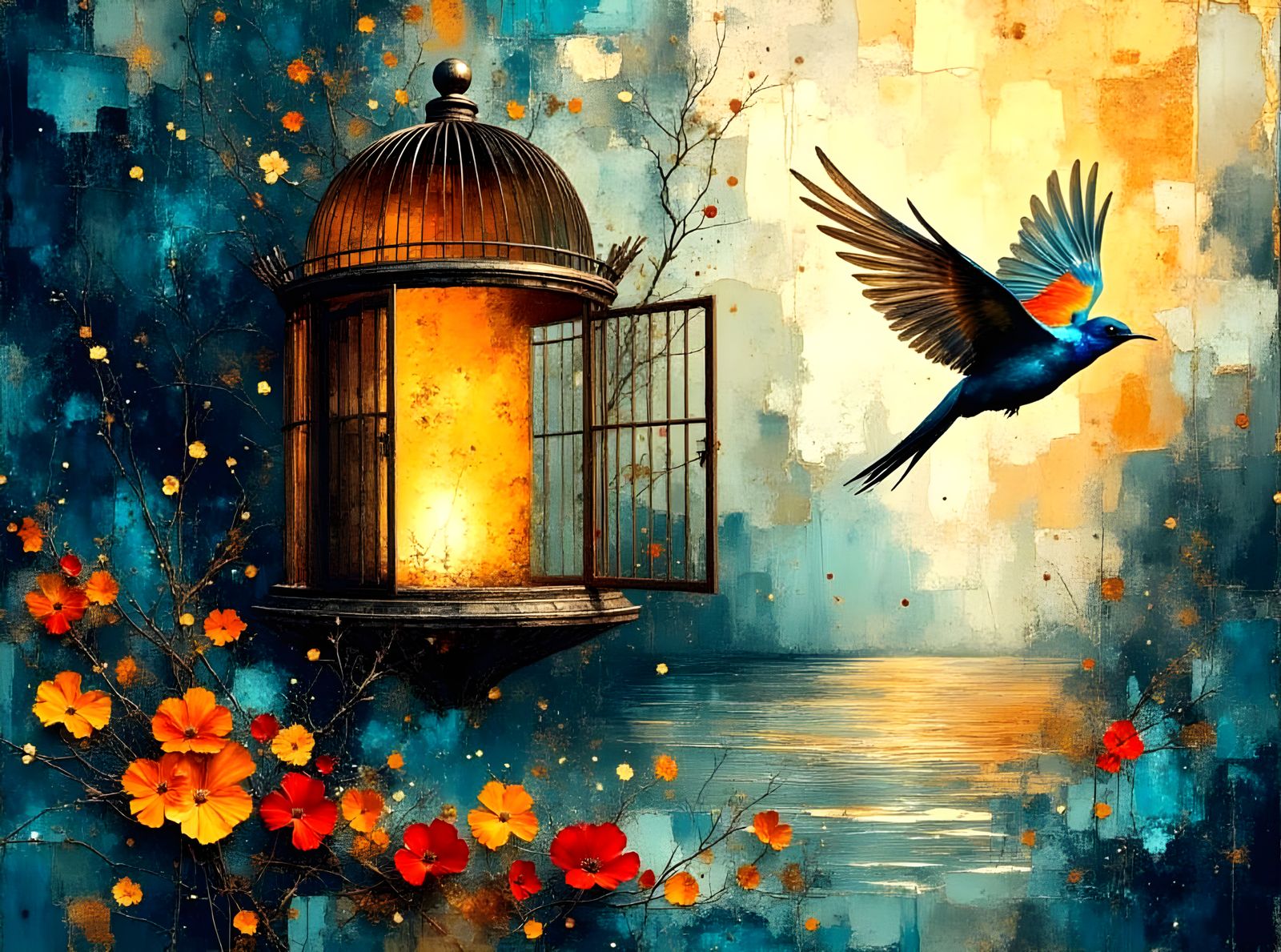 Bird Escaping Cage in Dreamscape with Retro Art Style