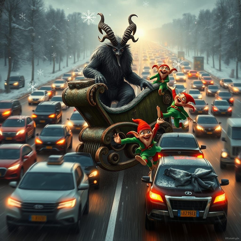 A Dark Winter Scene: Krampus Fights Traffic, Taunted by Misc...