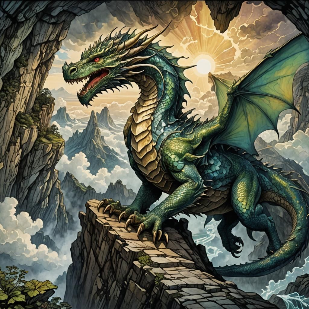 Iridescent Dragon at Cave Entrance in Retro Style