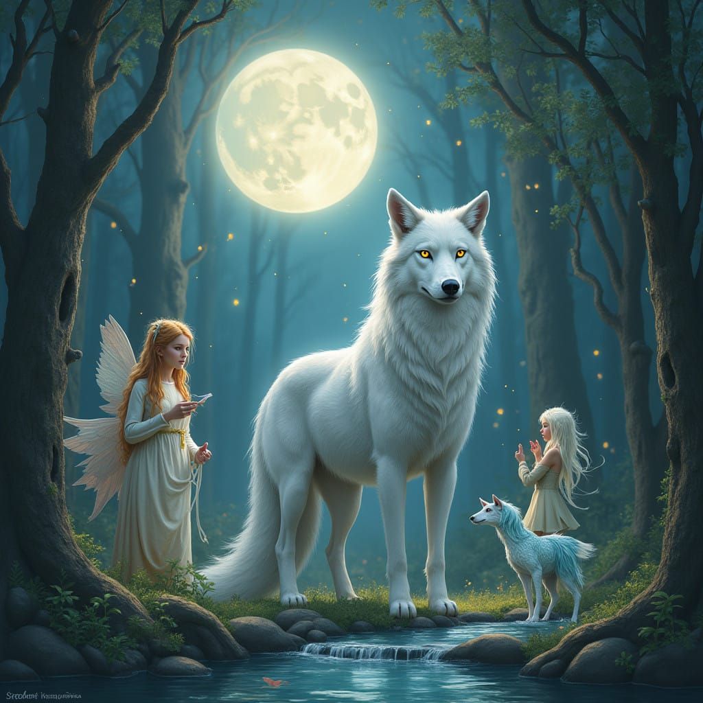 Majestic Moon Wolf Surrounded by Elemental Friends in Whimsi...