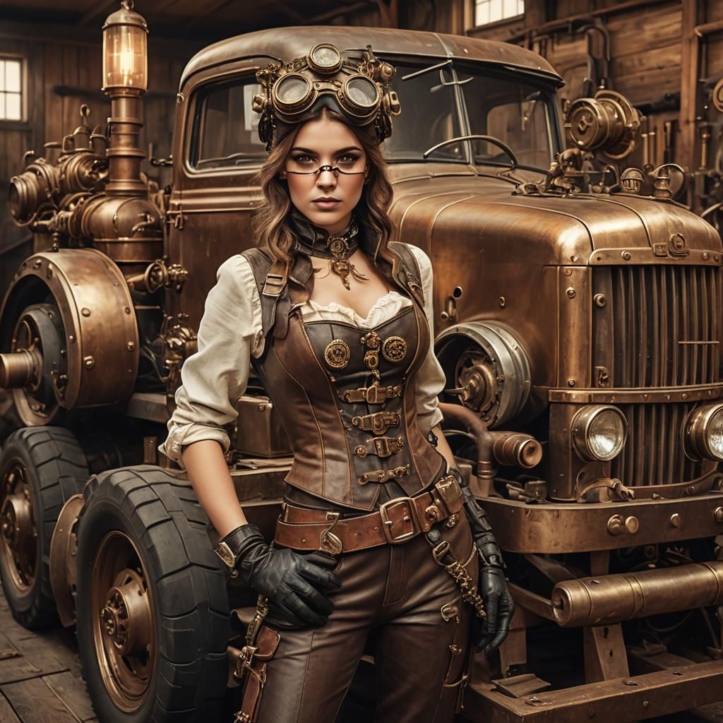 Steampunk Woman Poses with Vintage Diesel Truck