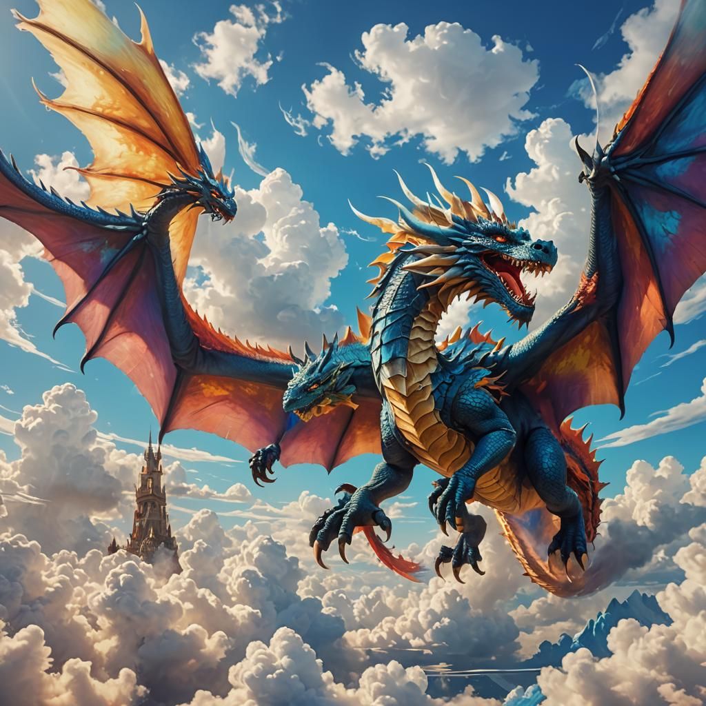 Dragon Soaring Under Blue Sky Digital Painting