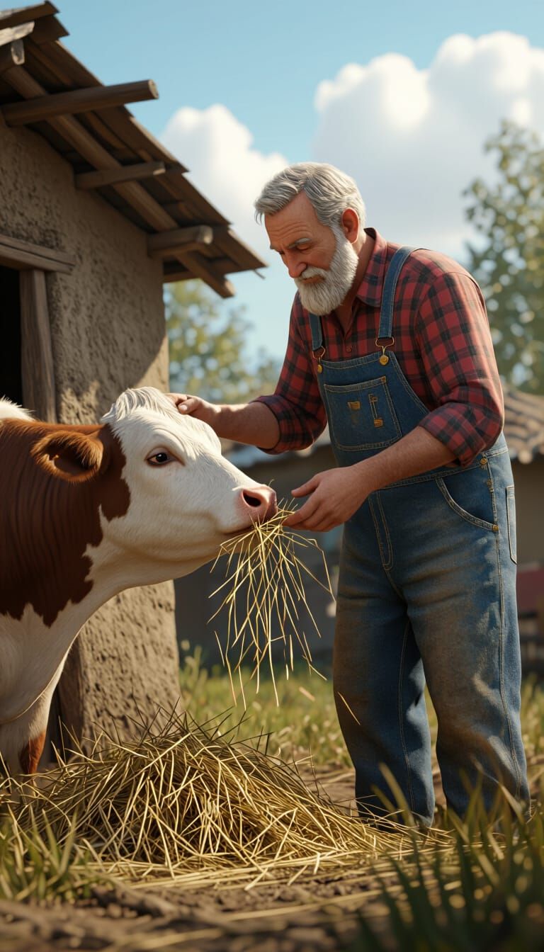 Farmer Feeds Cow in Hyperrealistic Cartoon Style