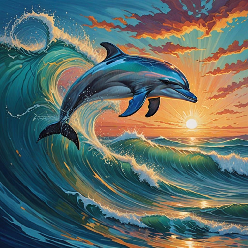 Majestic Dolphin Rides Sunset Wave in Vibrant Colors