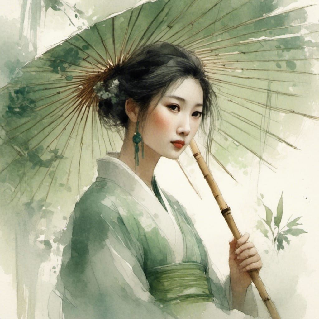Woman in Traditional Dress with Umbrella: Watercolor Manga