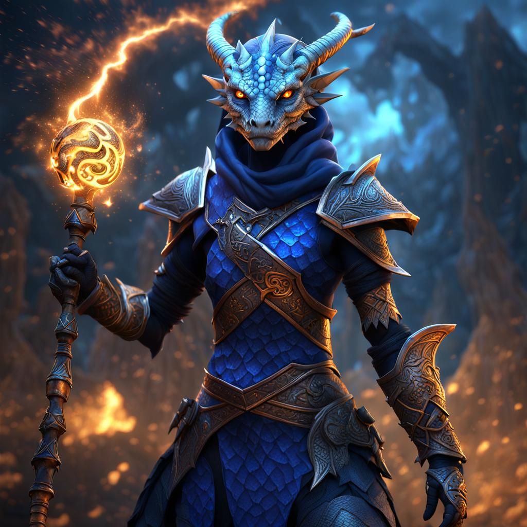 Dragonborn Mercenary with Fractal Magic in Detailed Art