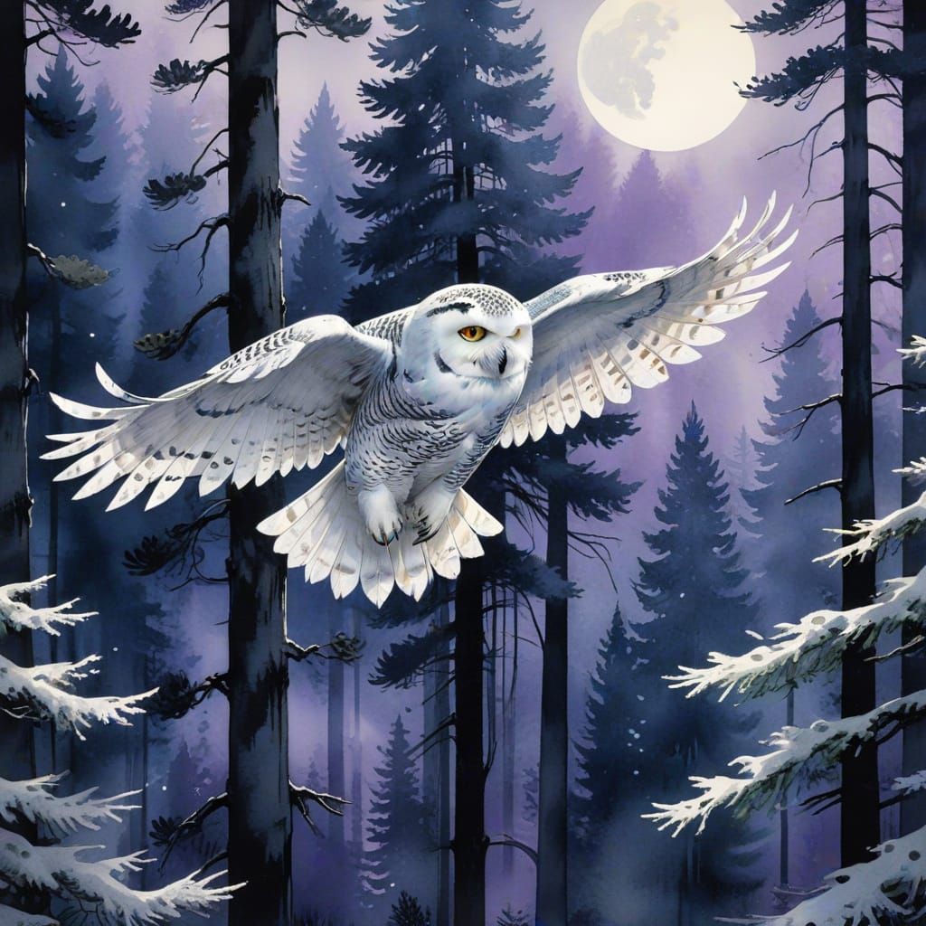 Snowy Owl Glides Through Twilight Forest in Sumi Ink