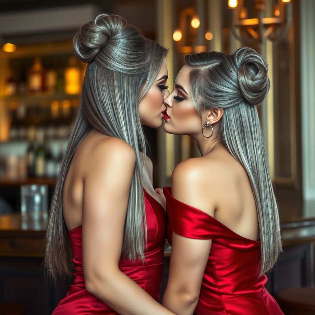 Serene Bar Scene: Elegant Women in Intimate Kiss