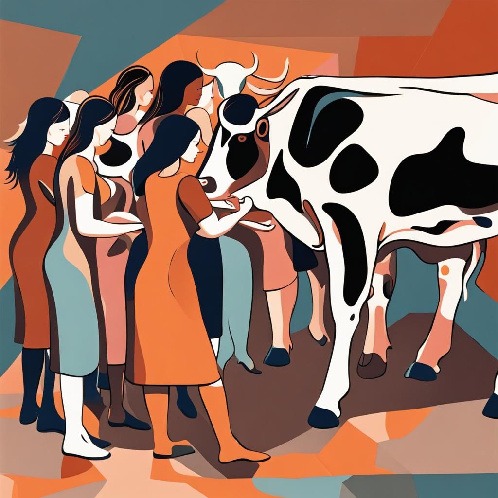Abstract Art: Eight Young Women Milking Cows