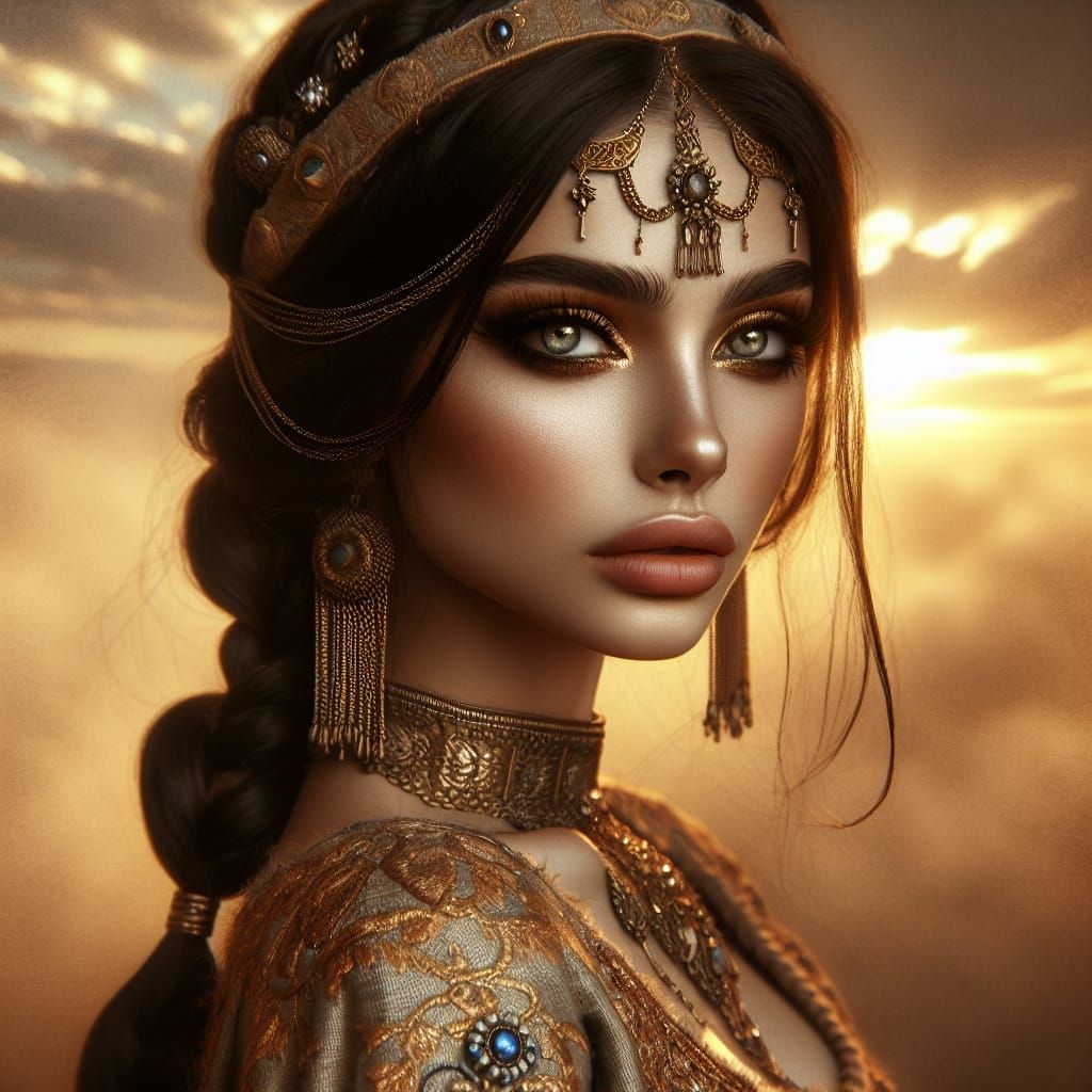 Pre-Islamic Arabian Woman with Desert Sunrise