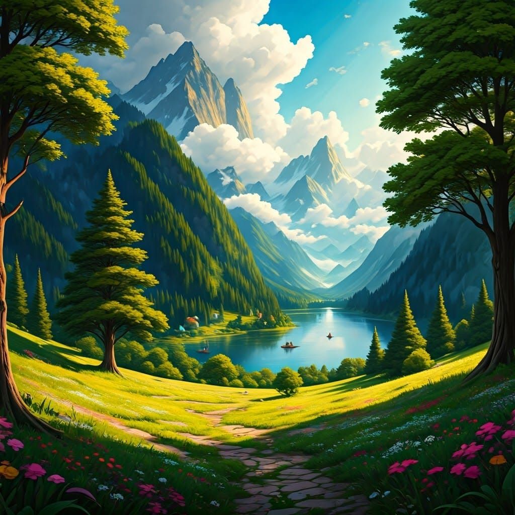 Majestic Mountains in Dreamy Oil Painting Style