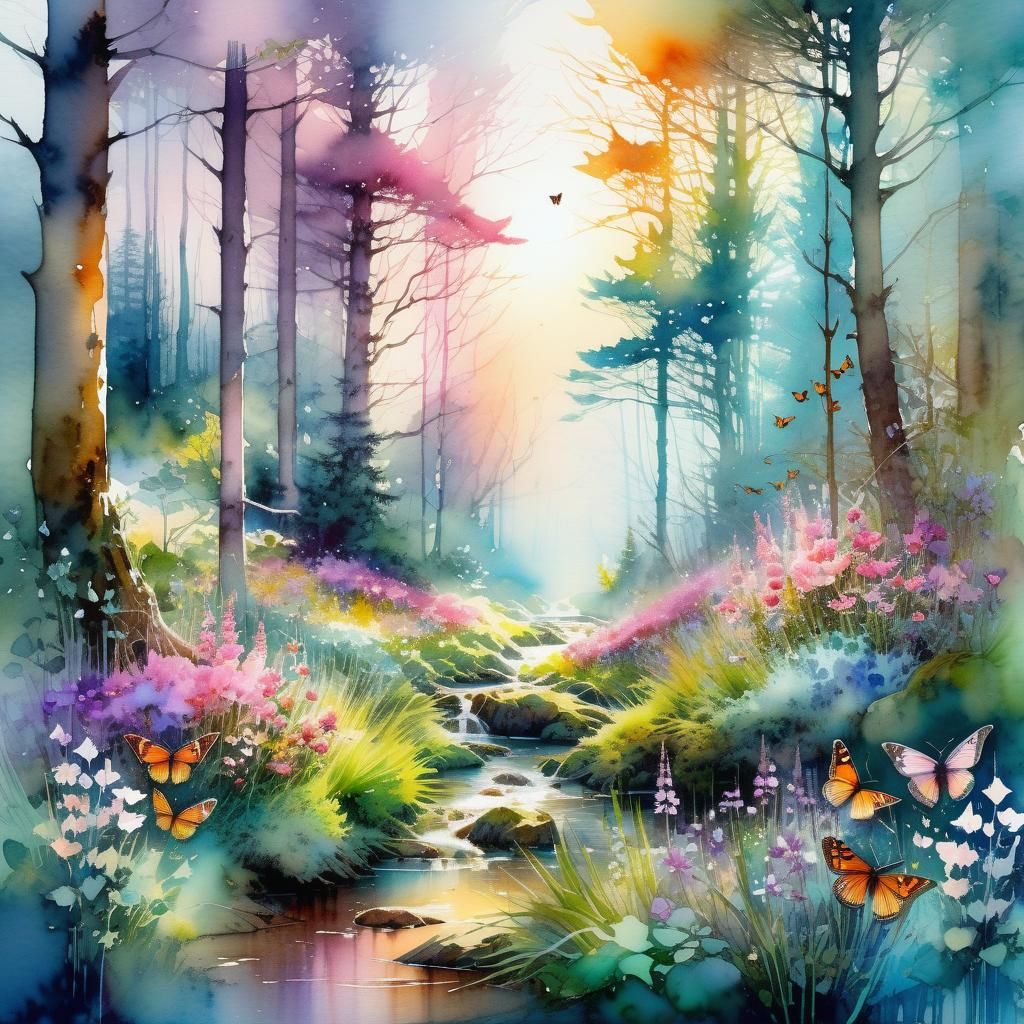 Spring Forest Scene in Digital Watercolor