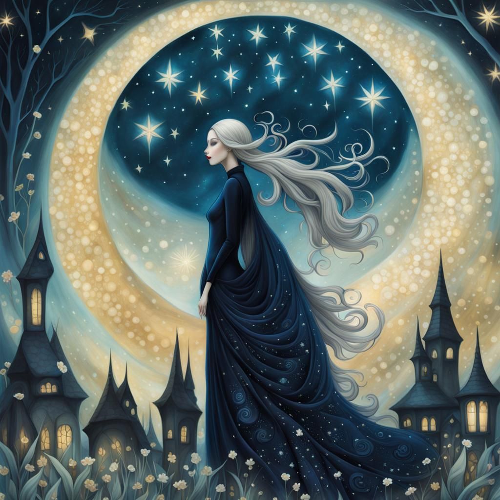 Indigo Woman in Starry Garden, Digital Art