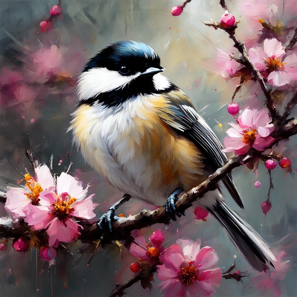 Chickadee on Apple Blossom Branch in Fine Art Style