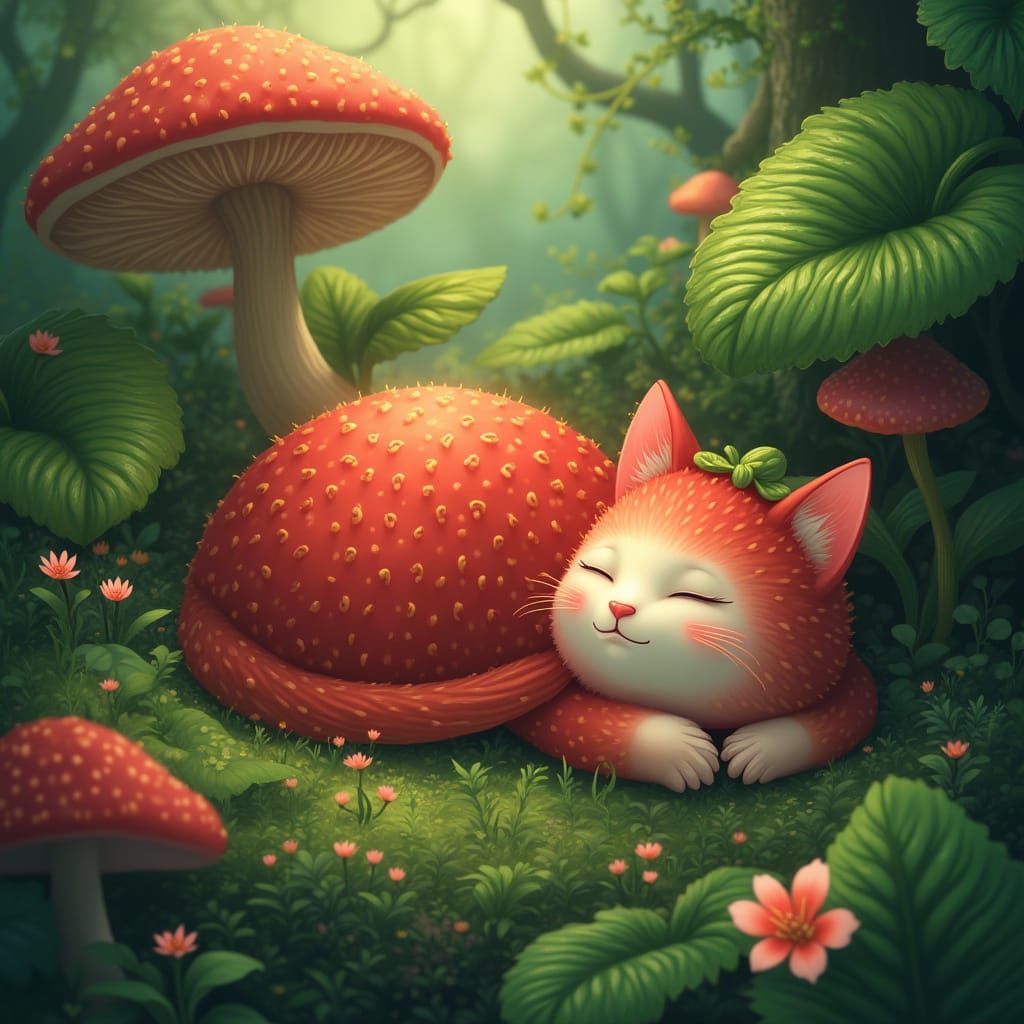Giant Strawberry Cat in Fantastical Forest Scene