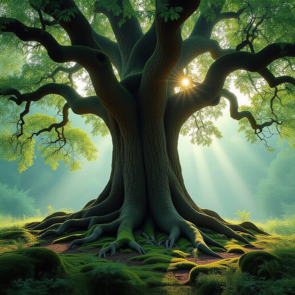Ancient Tree in Serene Clearing with Soft Morning Light