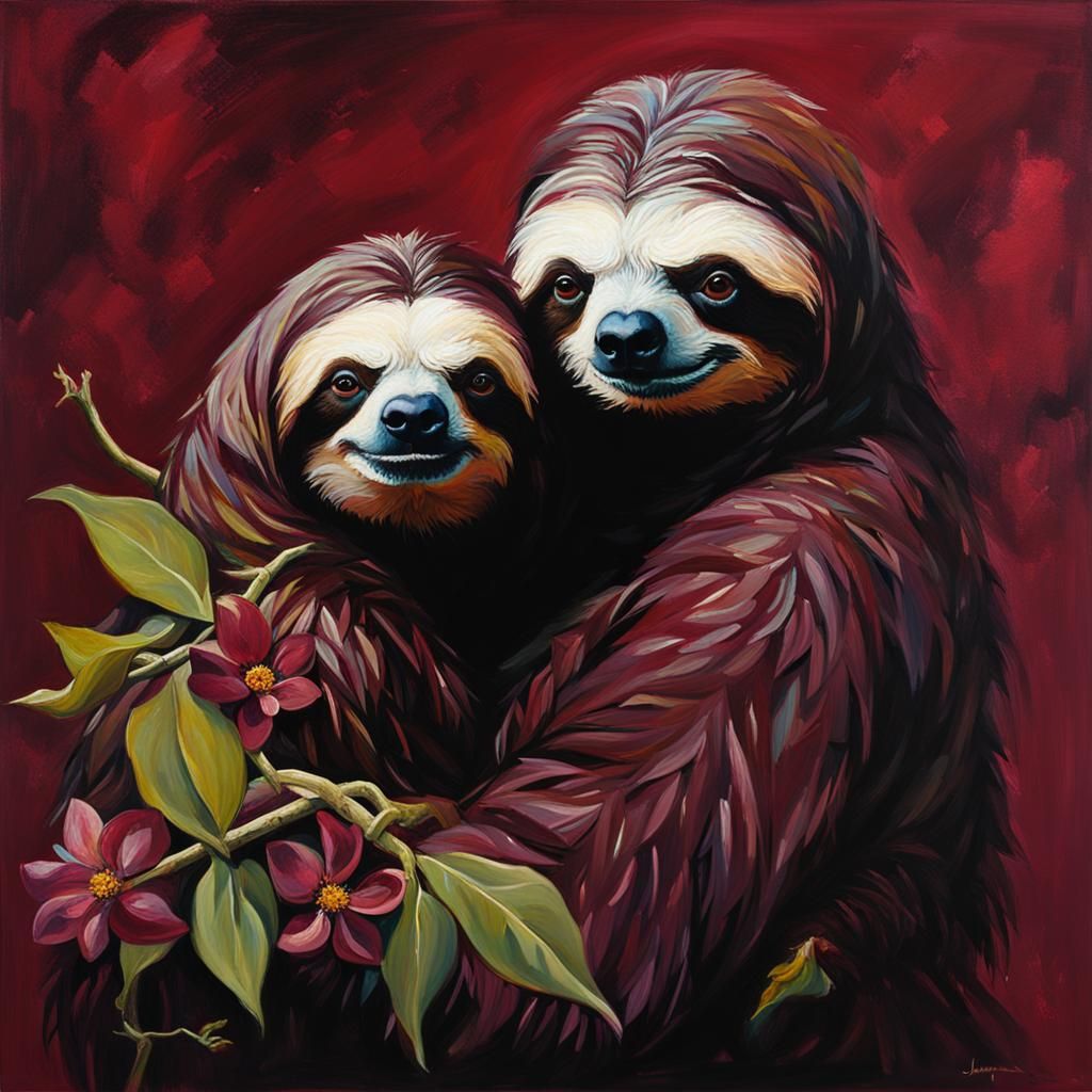 sloth couple holding each other and there are dark burgundy ...