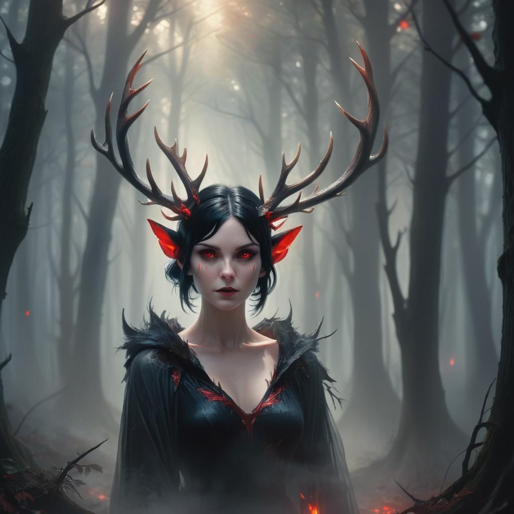 Enchanting Forest Nymph with Antlers: Fantasy Illustration