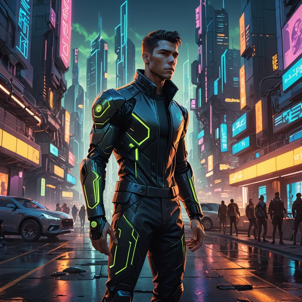 Confident Man in Cyberpunk City: Sci-Fi Concept Art