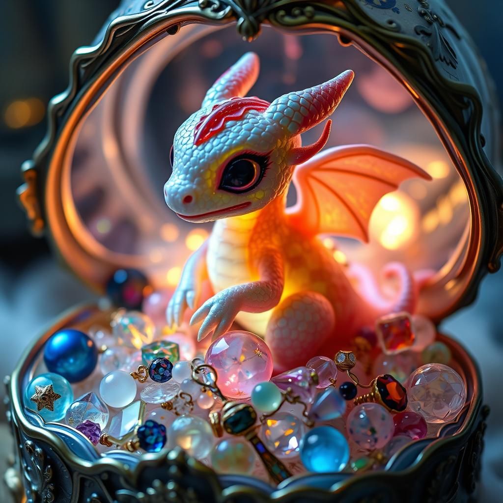 Baby Dragon in Jewelry Box with Glowing Gems